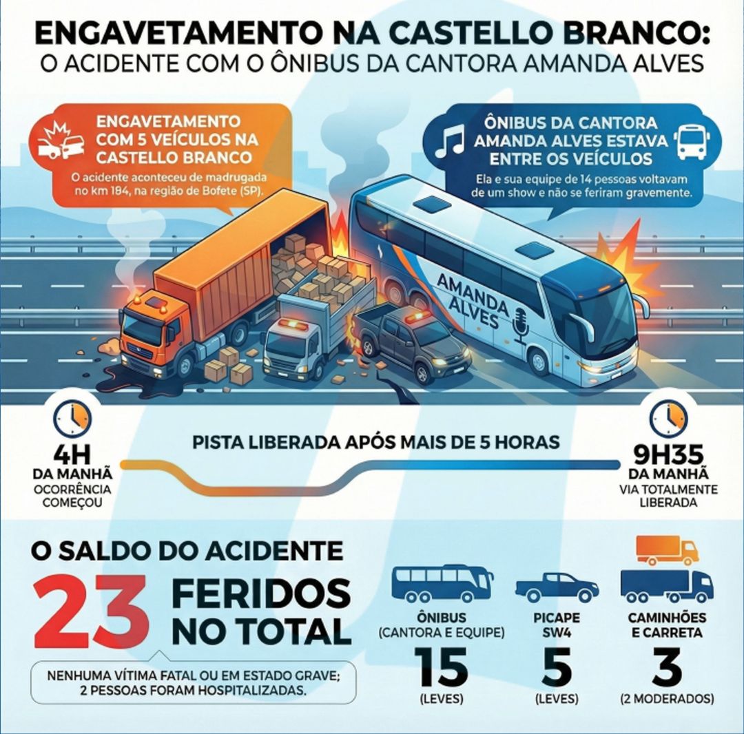 Ilustração mostra a dinâmica do acidente com cinco veículos na Castello Branco, em Bofete (SP). Ônibus da cantora Amanda Alves estava entre os envolvidos.