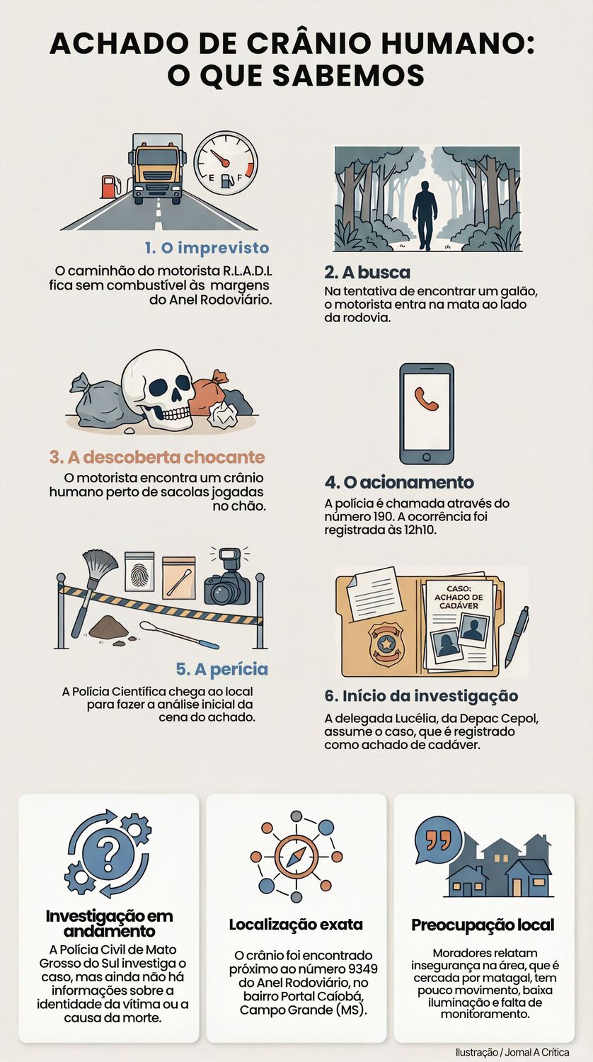 Infográfico resume os principais pontos do caso envolvendo o achado de um crânio humano em área de mata no bairro Portal Caiobá, em Campo Grande (MS). O crânio foi encontrado por um caminhoneiro na tarde de quinta-feira (28), após o veículo em que ele est