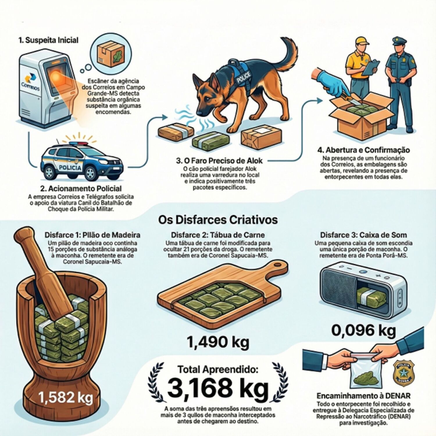 Infográfico detalha como os 3,168 kg de maconha estavam escondidos em objetos domésticos dentro de encomendas interceptadas em agência dos Correios em Campo Grande.