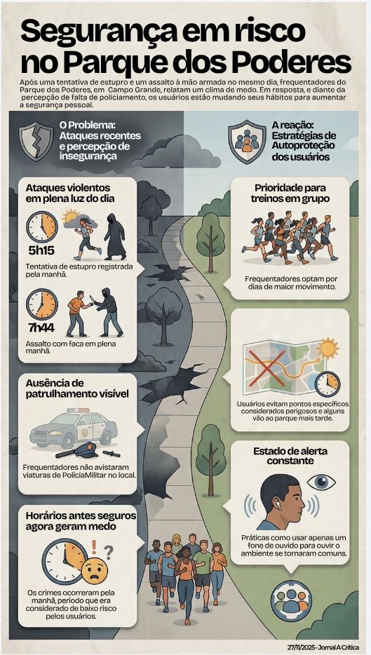 Arte mostra como dois crimes registrados na manhã de quarta-feira (26) no Parque dos Poderes, em Campo Grande (MS), afetaram a rotina e a sensação de segurança dos frequentadores. ( Imagem: Ilustração / Jornal A Crítica) 