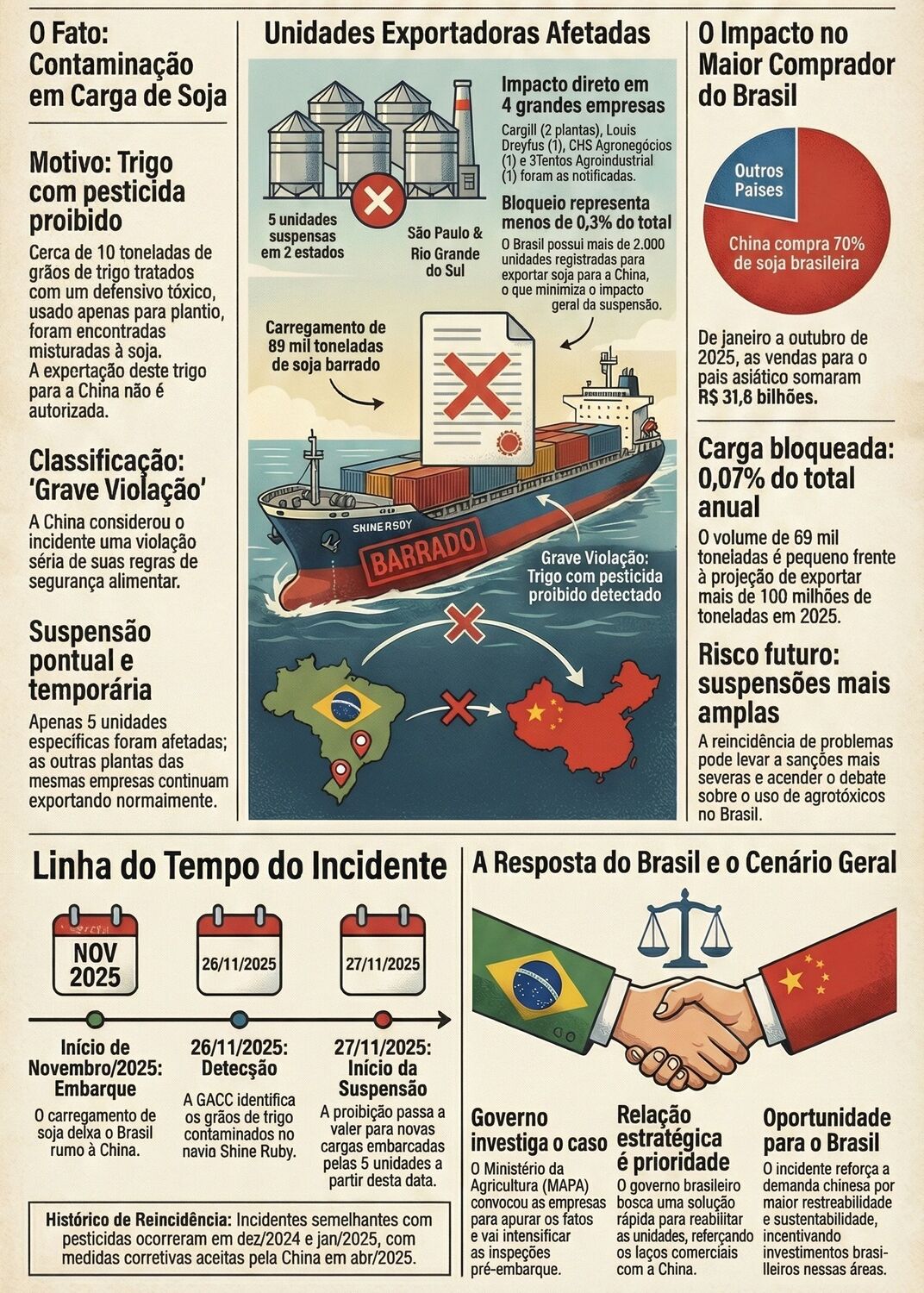 Infográfico detalha o bloqueio de 69 mil toneladas de soja brasileira pela China após a detecção de trigo com pesticida proibido em um carregamento.