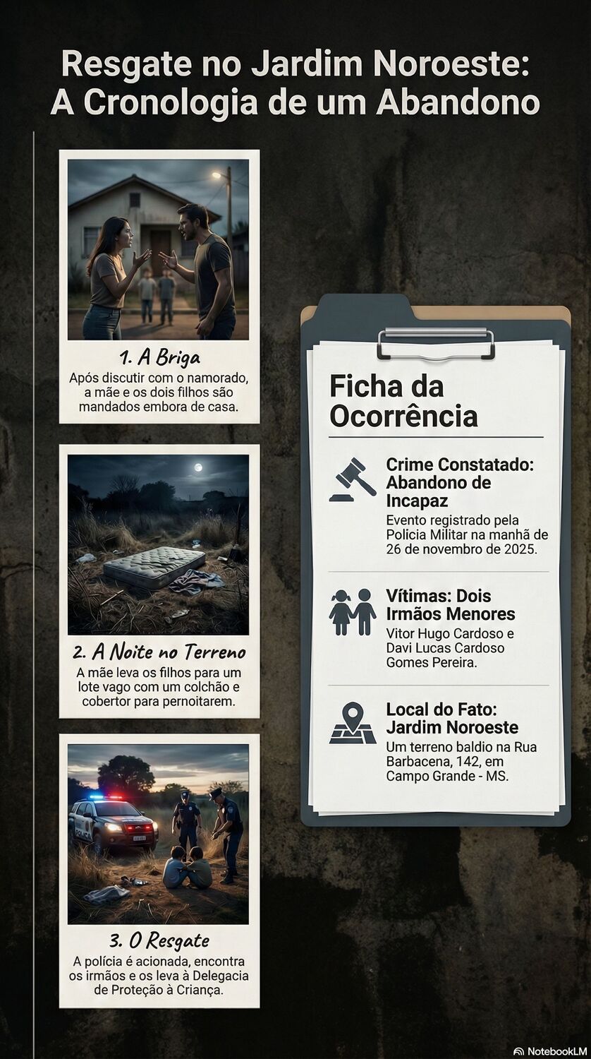 Infográfico resume dados do abandono registrado no Jardim Noroeste, em Campo Grande, em 26 de novembro de 2025.