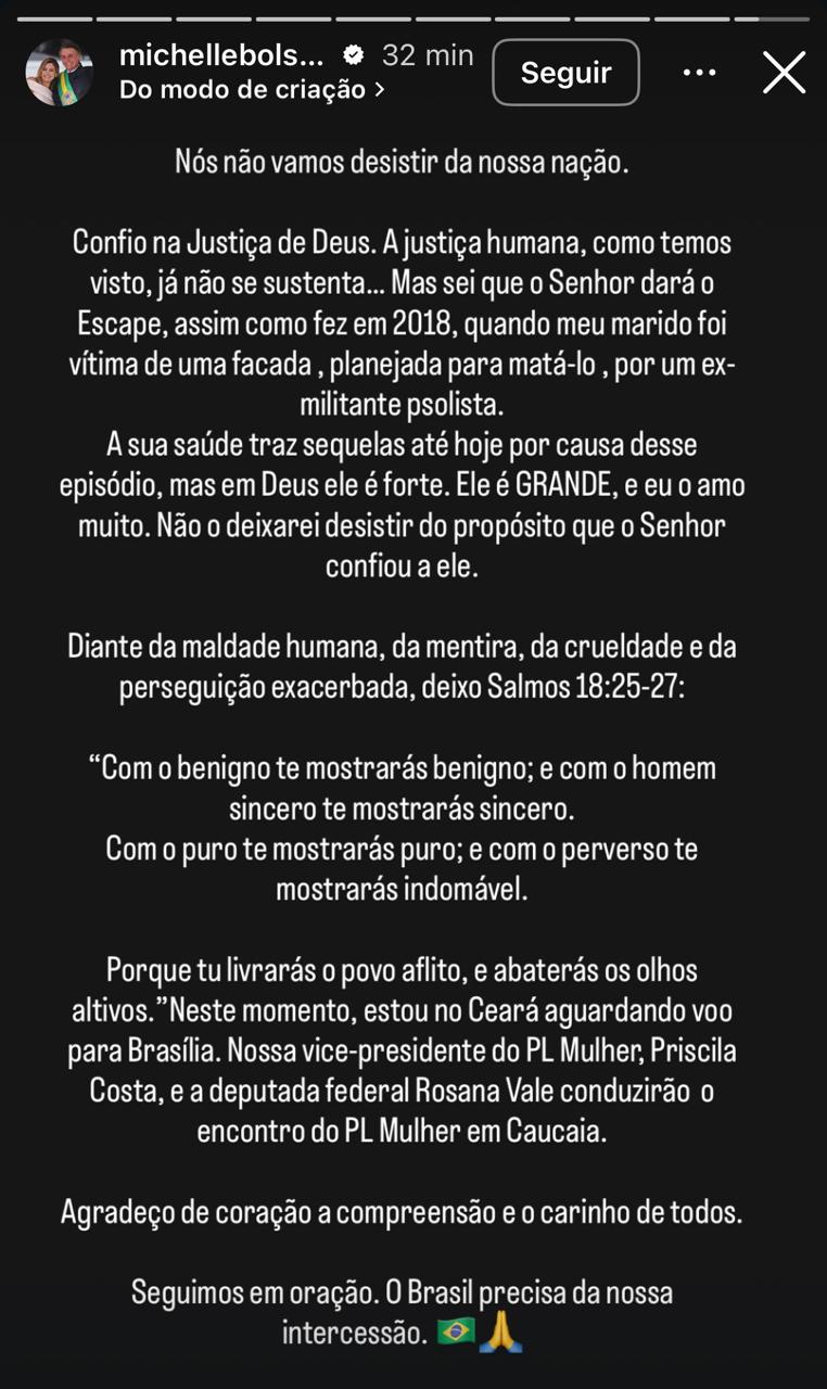 Michelle Bolsonaro publicou em seu instagram em forma de 
