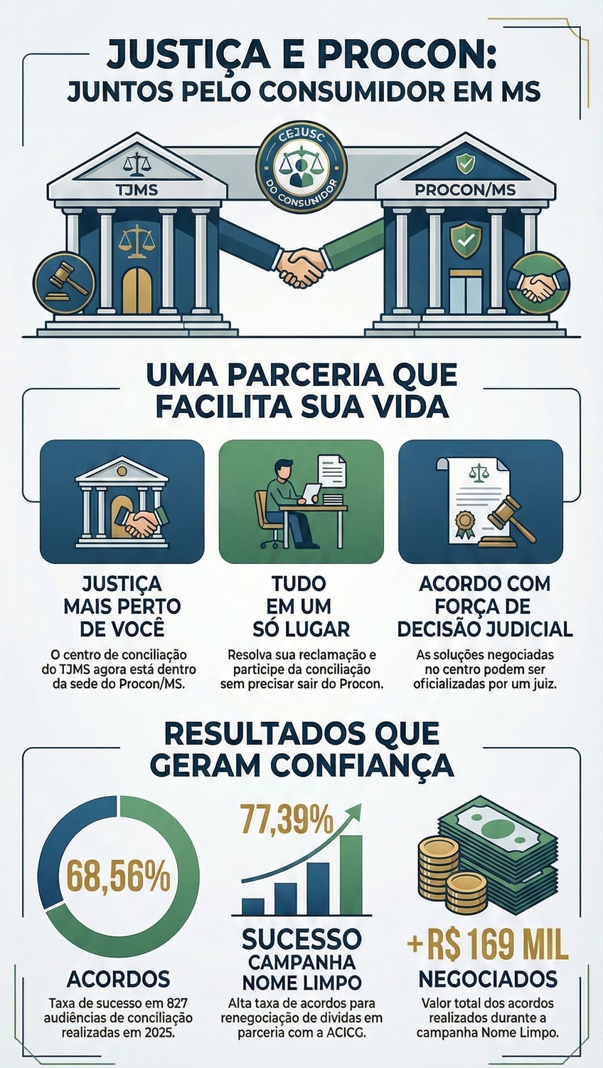 Infográfico do TJMS destaca a atuação do novo Cejusc do Consumidor dentro do ProconMS, com alta taxa de acordos e atendimento direto à população.