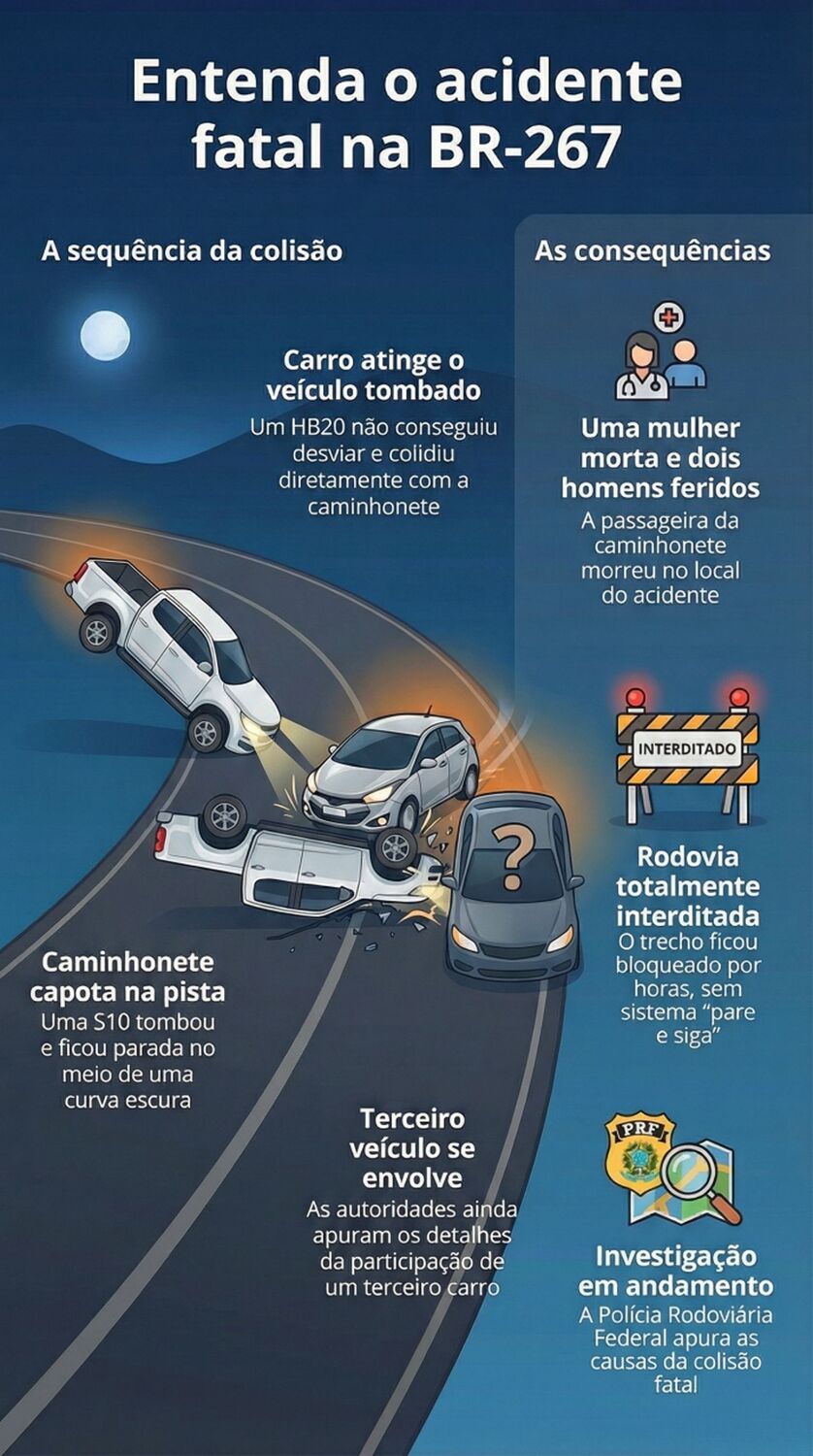 Infográfico mostra a sequência do acidente com três veículos na BR-267, em Maracaju (MS), que deixou uma mulher morta e dois homens feridos