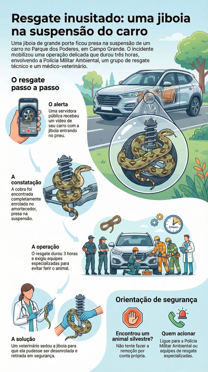 Infográfico mostra o passo a passo do resgate da jiboia gigante presa na suspensão de um carro no Parque dos Poderes, em Campo Grande (MS), e orientações de segurança para casos semelhantes 