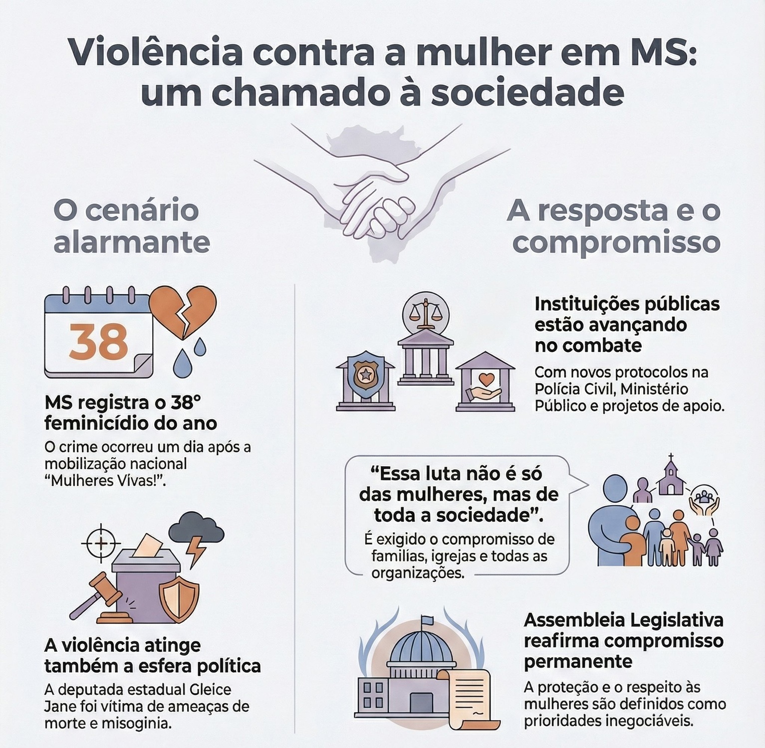 Infográfico destaca o cenário de violência contra a mulher em Mato Grosso do Sul e o posicionamento da Assembleia Legislativa diante do 38º caso de feminicídio no ano.