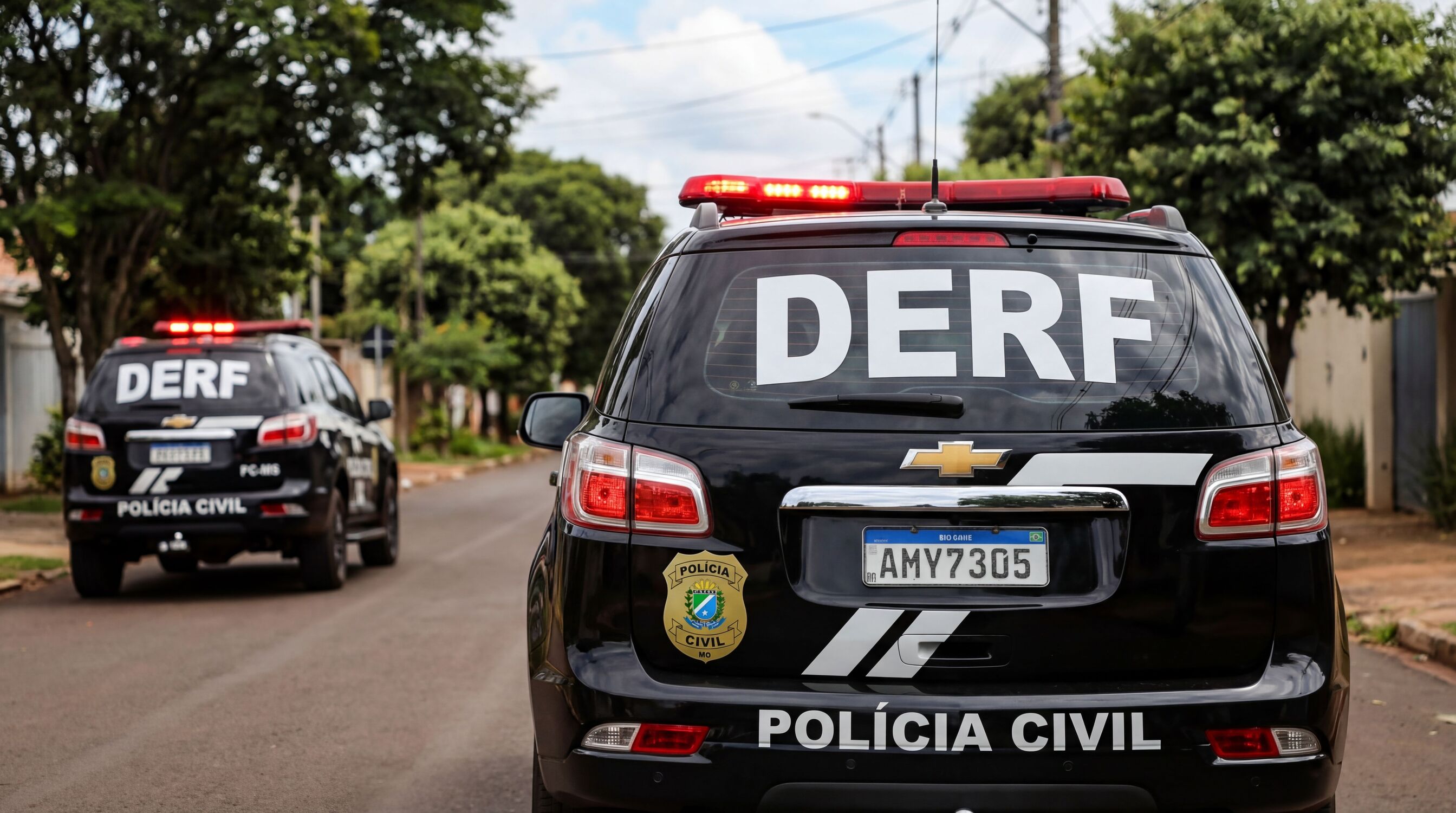 Viaturas da DERF durante operação em Campo Grande para prender suspeito de invasões a condomínios de luxo.