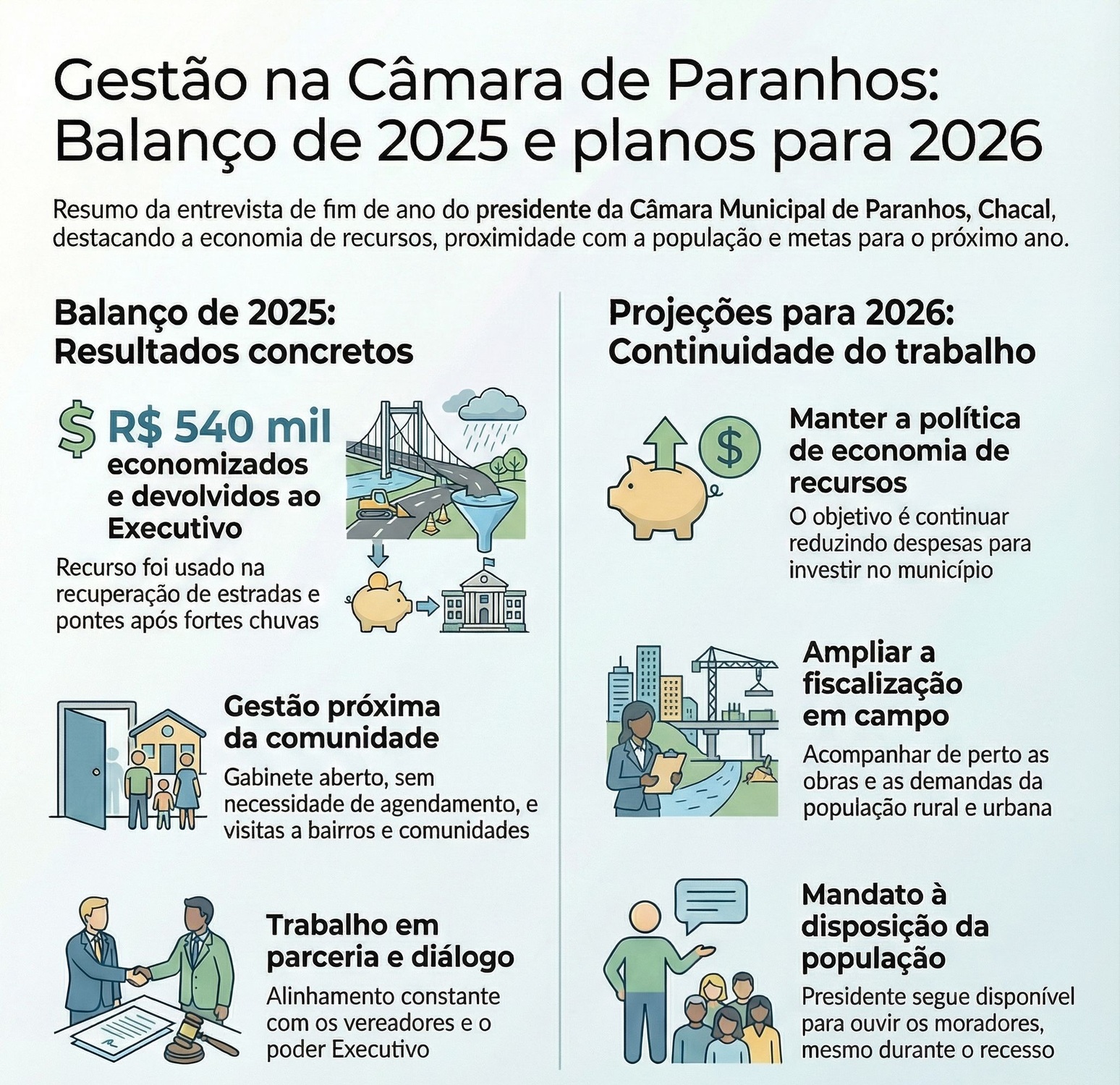 Arte resume o balanço de 2025 da gestão do presidente da Câmara de Paranhos, Claudenir Costa Oliveira