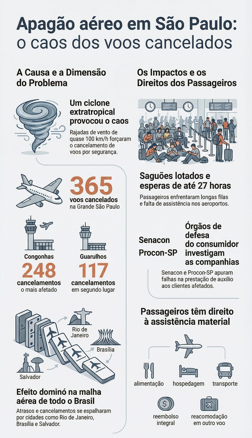 Ventania em São Paulo causa 365 cancelamentos de voos em Guarulhos e Congonhas, com saguões lotados e inspeção da Senacon.