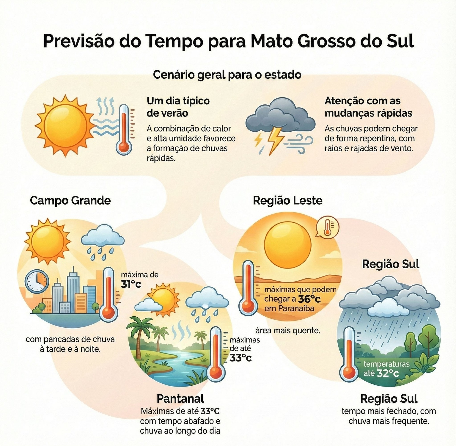 Segundo o Cemtec, o calor e a umidade aumentam as chances de pancadas de chuva no fim da tarde e à noite, que podem vir acompanhadas de raios e rajadas de vento.