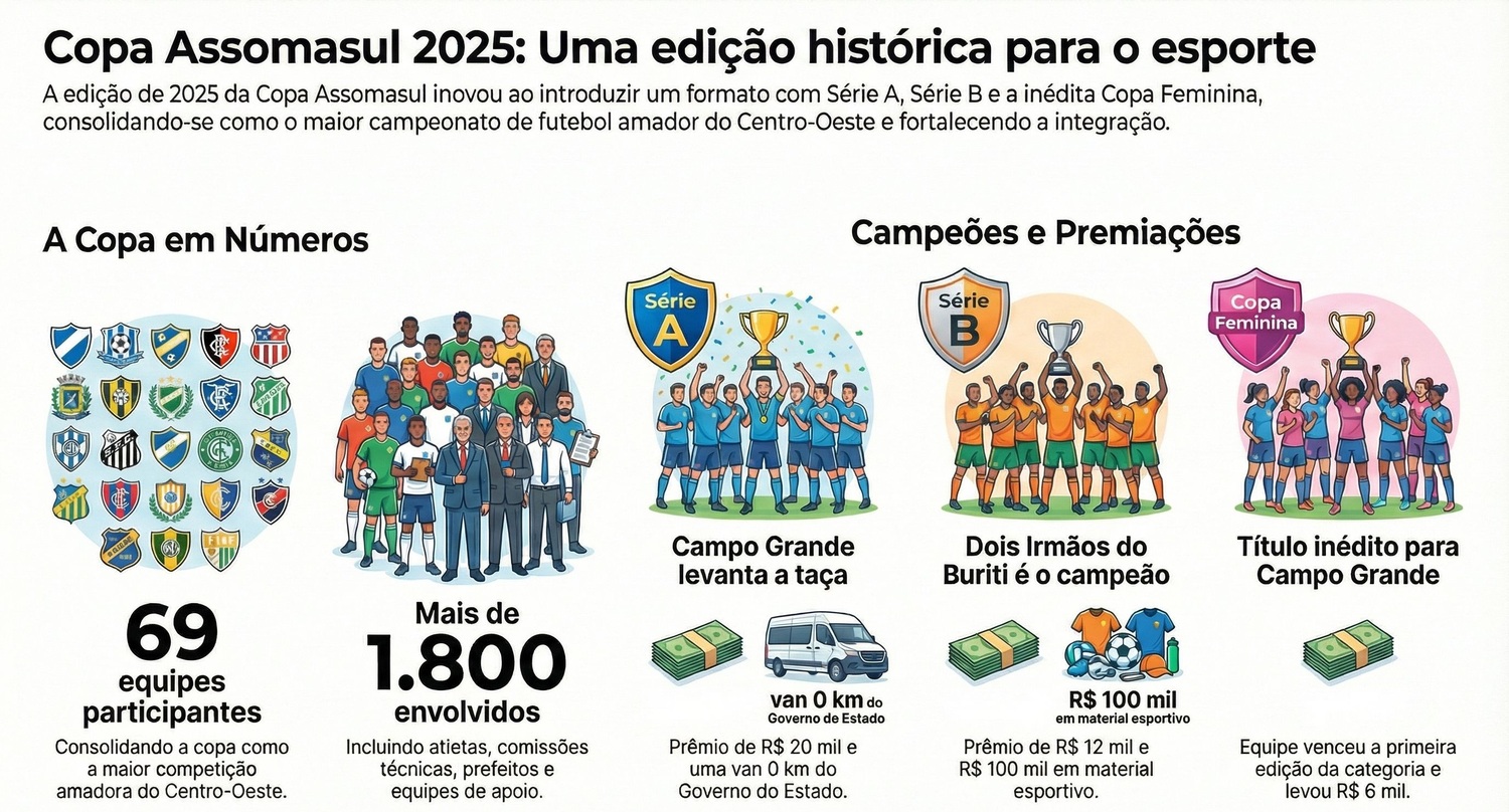 A Copa Assomasul 2025 terminou em Nova Andradina, nos dias 29 e 30, com arquibancadas cheias e um novo formato: Série A, Série B e a estreia da Copa Feminina.
