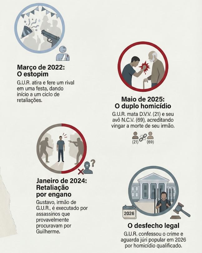 Linha do tempo mostra como um tiro disparado em uma festa em 2022 desencadeou uma série de mortes por vingança, levando à prisão e julgamento de G.U.R. por duplo homicídio qualificado.