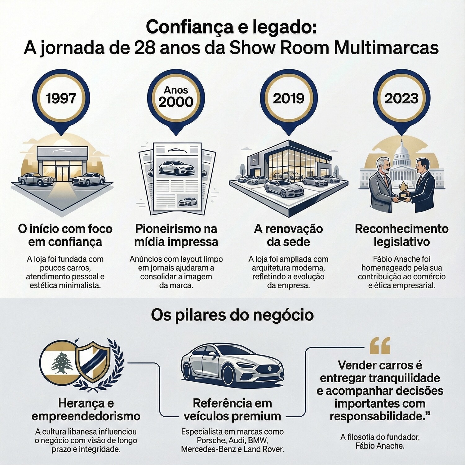 A Show Room Multimarcas completa 28 anos com legado libanês, inovação e referência em veículos premium em Mato Grosso do Sul.