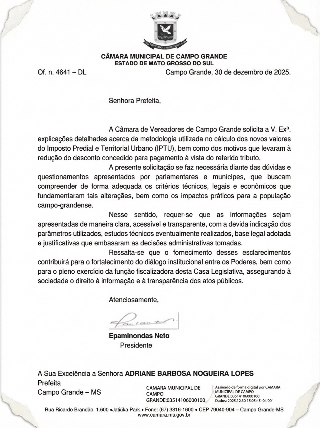 Ofício enviado pela Câmara Municipal de Campo Grande à prefeita Adriane Lopes solicita explicações detalhadas sobre o cálculo do IPTU 2026 e a redução do desconto para pagamento à vista.