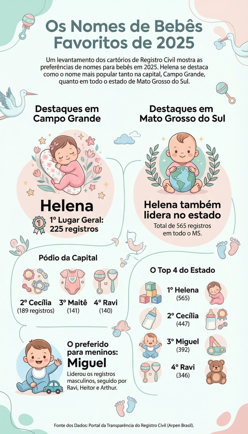 Infográfico mostra os nomes de bebês mais registrados em 2025, com destaque para Helena, líder em Campo Grande e em Mato Grosso do Sul, segundo dados dos cartórios.
