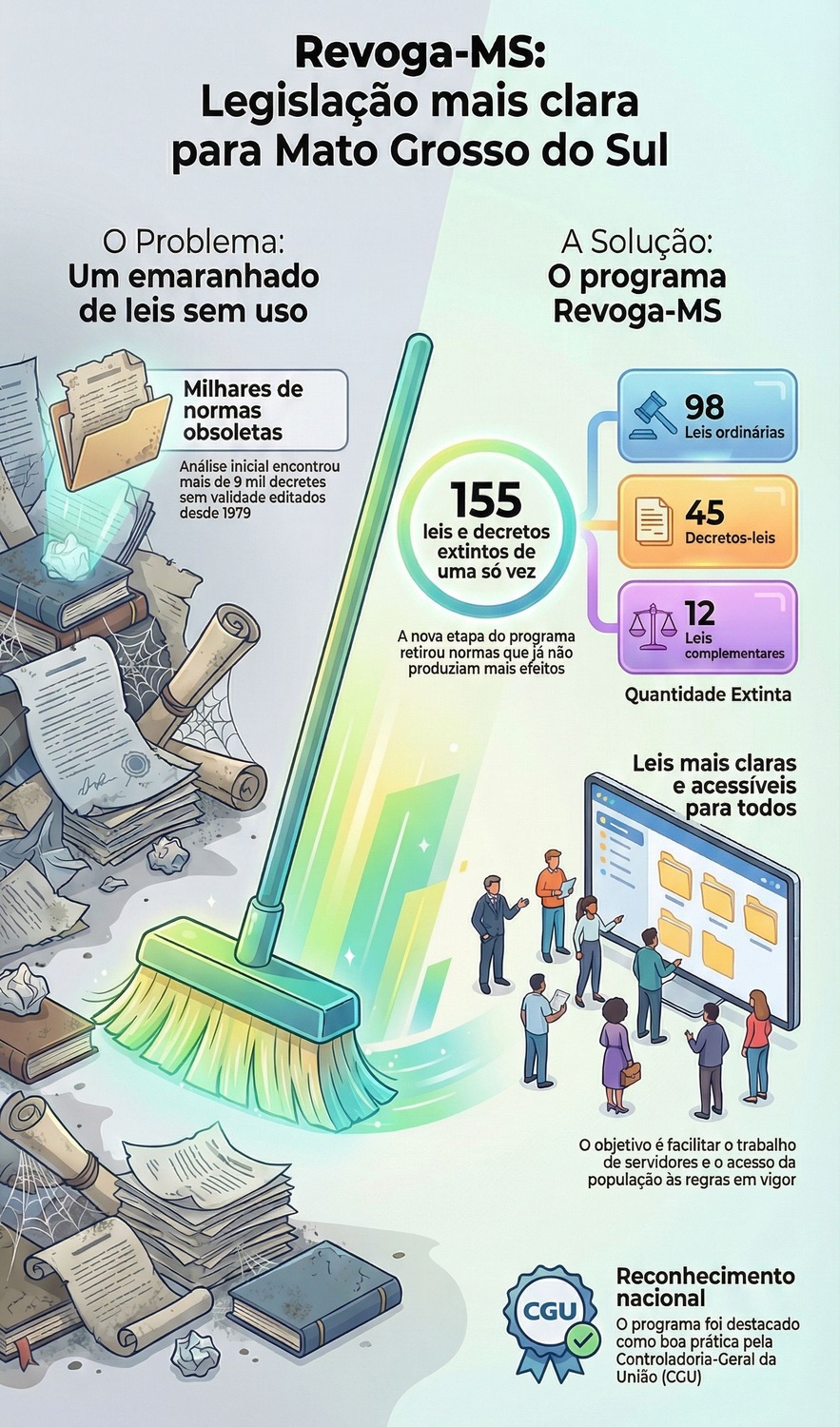 Infográfico explica o programa Revoga-MS, que revogou 155 leis e decretos sem efeito prático para tornar a legislação de Mato Grosso do Sul mais clara e acessível.
