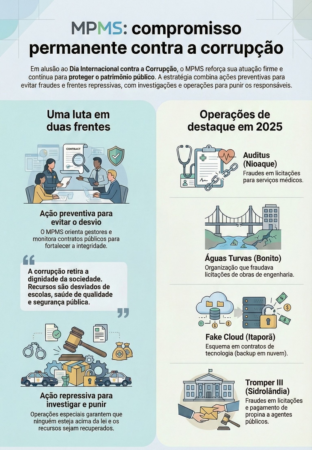 Infográfico destaca a atuação do MPMS no combate à corrupção em 2025, com foco em ações preventivas e repressivas em municípios de Mato Grosso do Sul.
