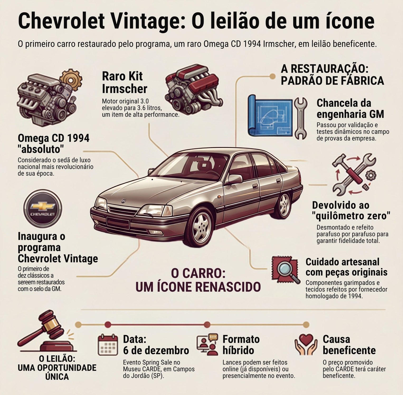 Infográfico resume os principais destaques do leilão beneficente do Omega CD 1994 Irmscher, primeiro modelo restaurado pelo programa Chevrolet Vintage, com chancela da engenharia GM e padrão original de fábrica.  