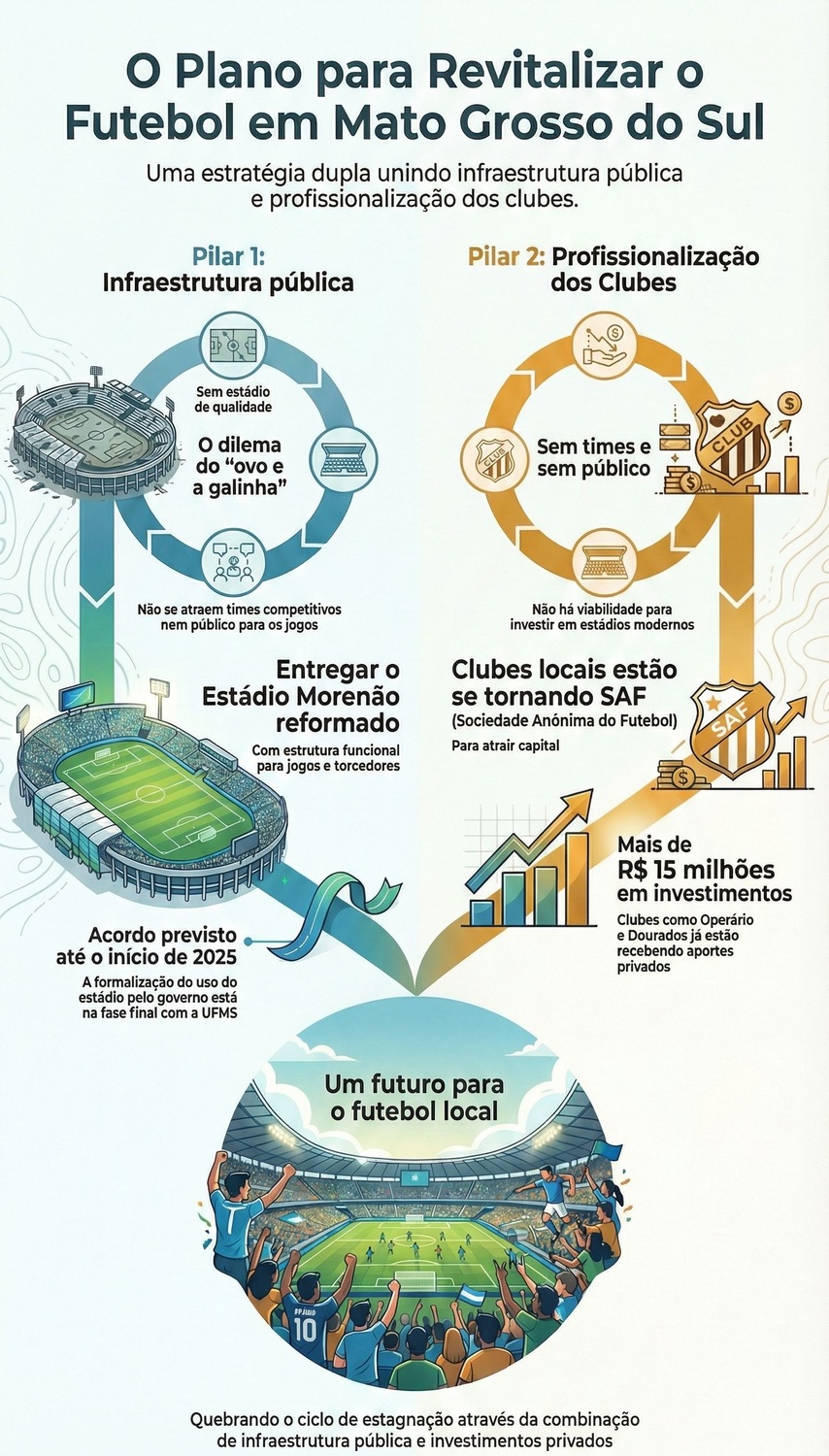 Plano do Governo de Mato Grosso do Sul aposta em dois eixos para a retomada do futebol: reforma do Morenão e fortalecimento dos clubes com SAFs, atraindo investimentos e público.