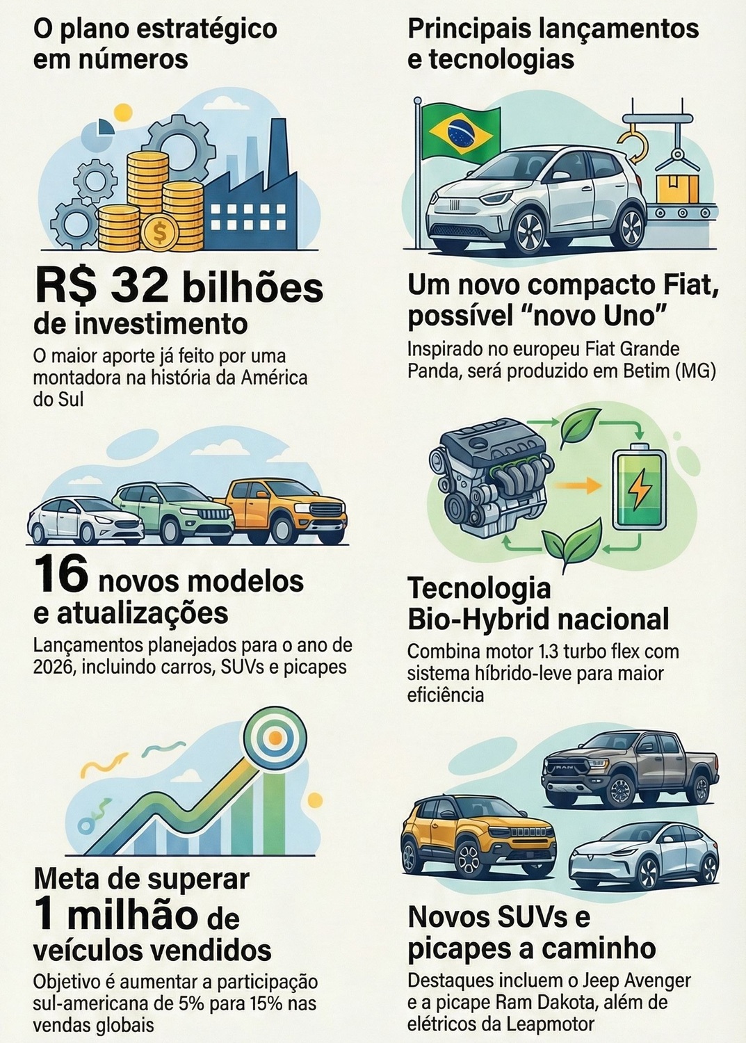 Stellantis investe R$ 32 bilhões, anuncia 16 lançamentos e prepara novo compacto nacional inspirado no Fiat Panda para 2026.