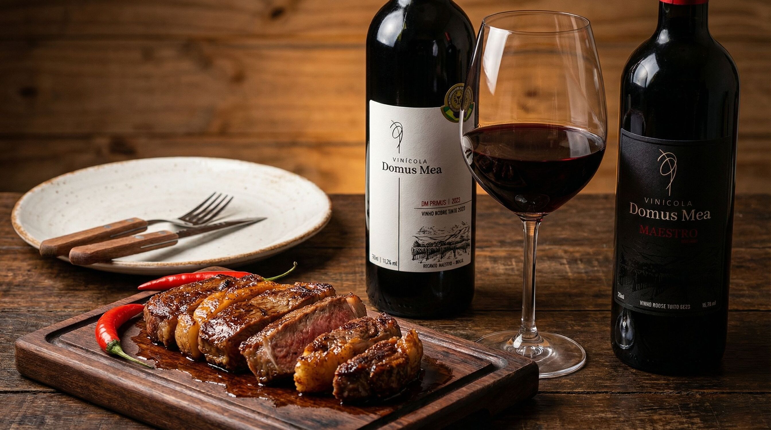 Os tintos DM Primus e DM Maestro, da vinícola Domus Mea, foram escolhidos para harmonizar com os cortes principais da noite bife de chorizo e assado de tira.
