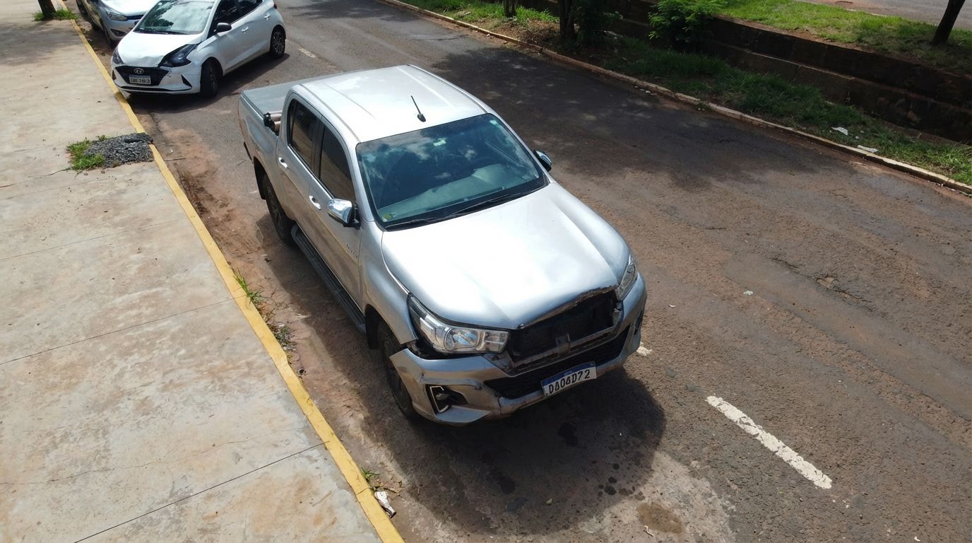 Toyota Hilux, ano 2019, teve a parte frontal danificada depois de colidir com o veículo à frente no trânsito lento da via.