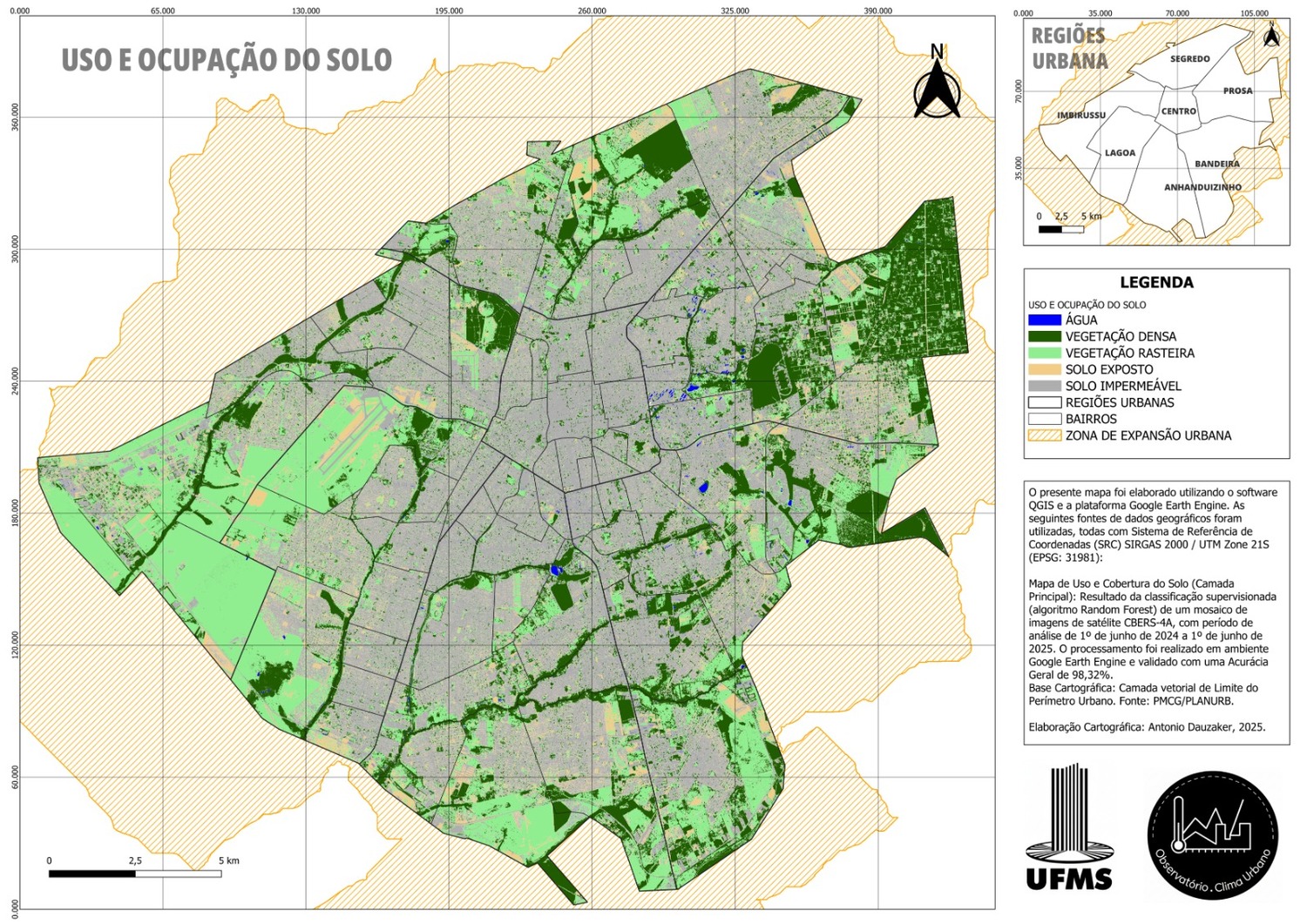 Mapa de uso e ocupação do solo de Campo Grande mostra a predominância de áreas impermeabilizadas na malha urbana, intercaladas por fragmentos de vegetação e corpos d'água. As áreas em verde indicam cobertura vegetal, enquanto o cinza representa solo imper