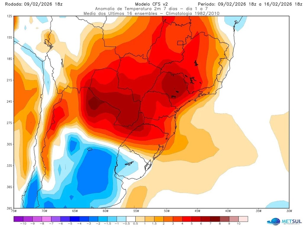 Mapa da MetSul Meteorologia mostra os estados afetados por massa de ar quente
