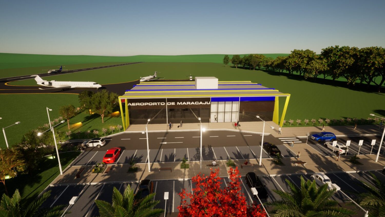 Projeção do novo aeroporto de Maracaju, com terminal de passageiros e pista para receber aeronaves de maior porte.