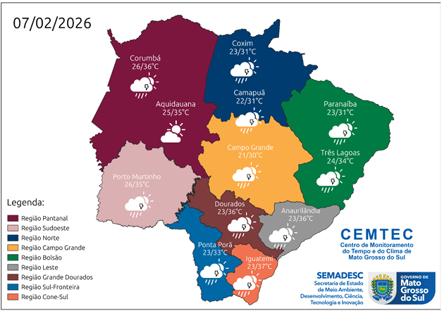 Temperaturas por região em Mato Grosso do Sul neste sábado (7)