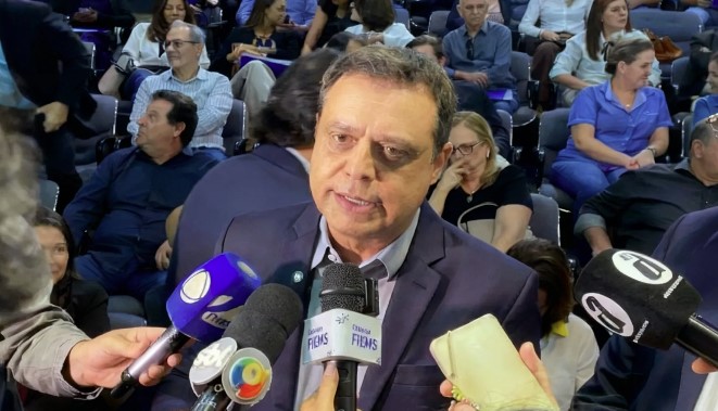Flávio César Mendes fala à imprensa após evento da Fiems e Sefaz-MS sobre ações fiscais e diálogo com contribuintes.