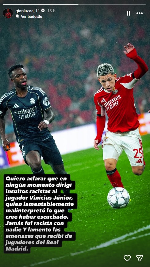 O jogador publicou em suas redes sociais negando a fala racista