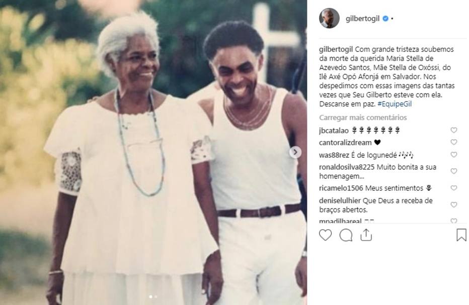 No Instagram, cantor Gilberto Gil publicou homenagem à ialorixá  Foto: Reprodução