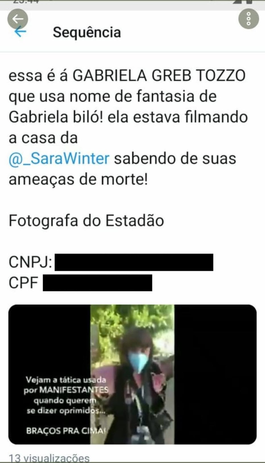 Usuários do Twitter publicaram dados pessoas da fotógrafa como forma de intimidação Foto: Reprodução/Twitter
